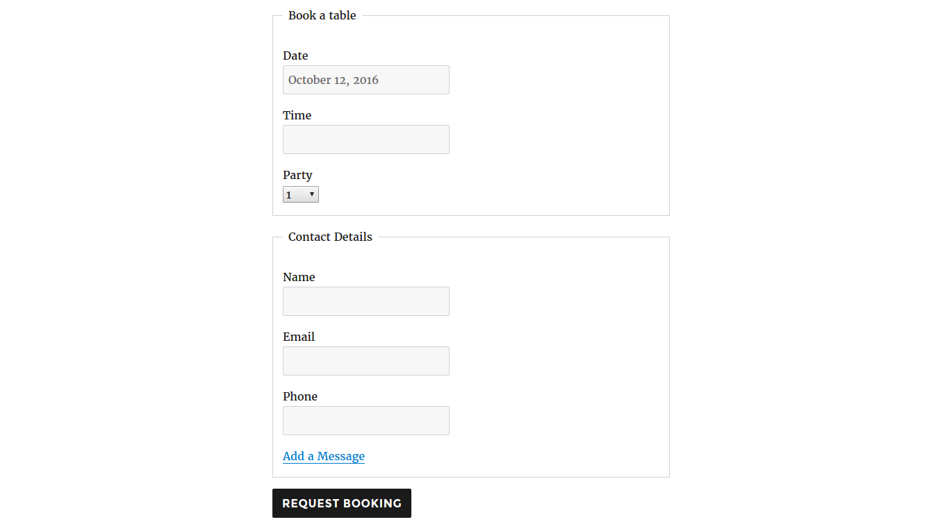 Reservation form in the default layout