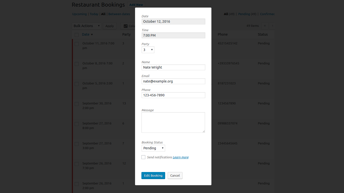 Responsive WordPress restaurant form