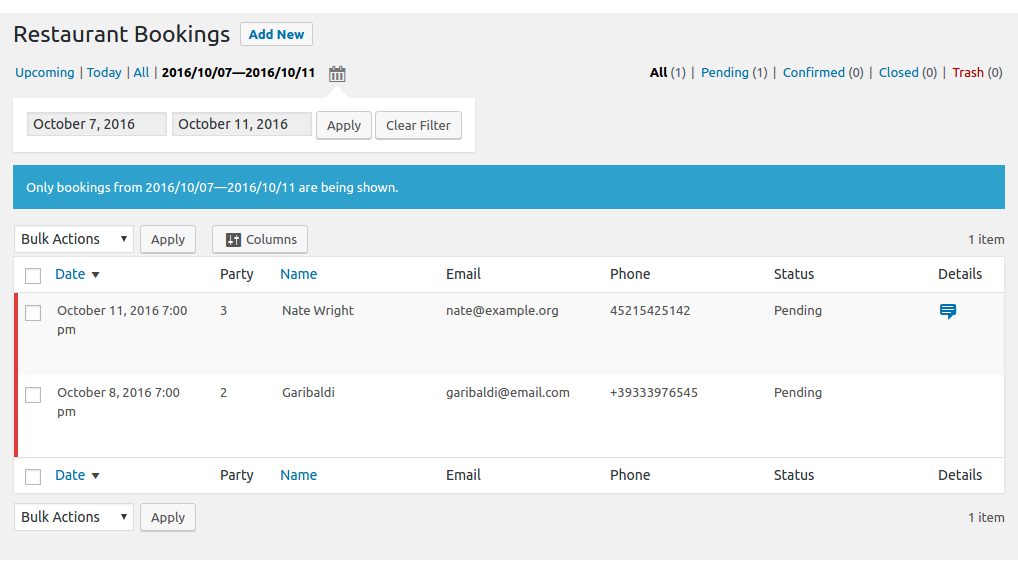 The reservation admin panel