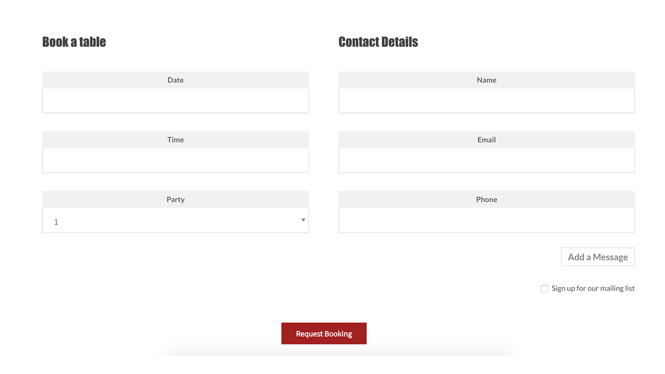 Reservation form in the Columns layout