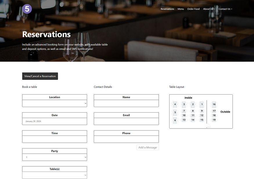 Five Star Restaurant Reservations WordPress plugin - Demo