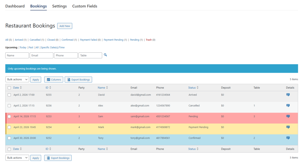 Restaurant Reservations bookings admin