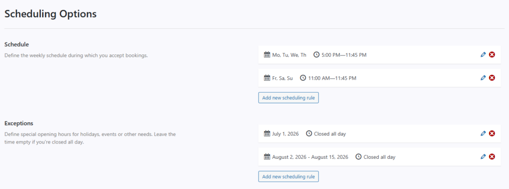 Restaurant Reservations booking schedule settings