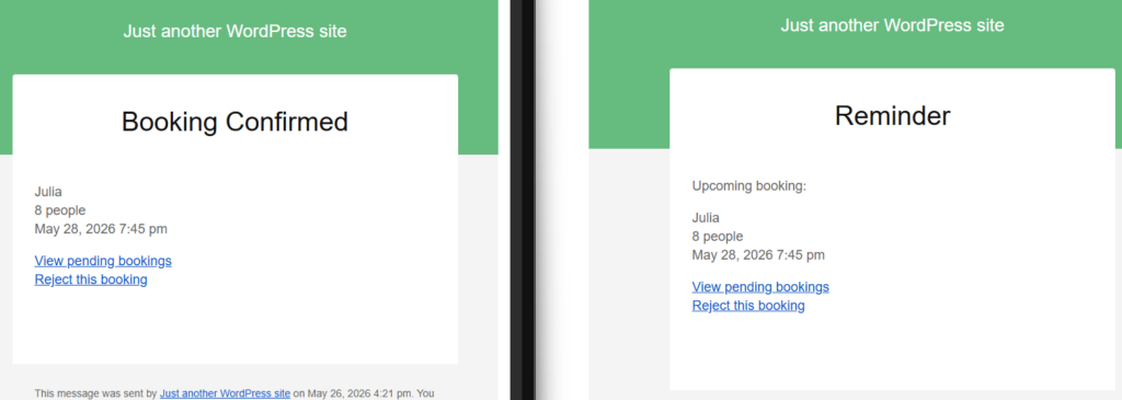 Restaurant reservation plugin with email notifications