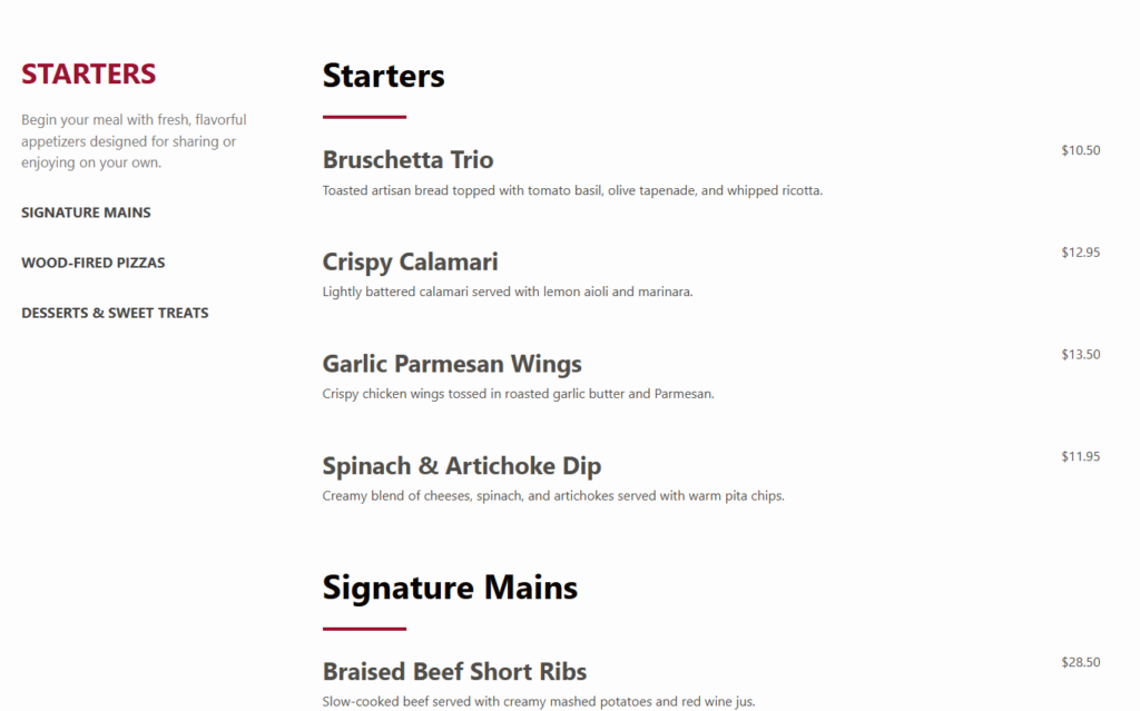 How to build a cafe menu page